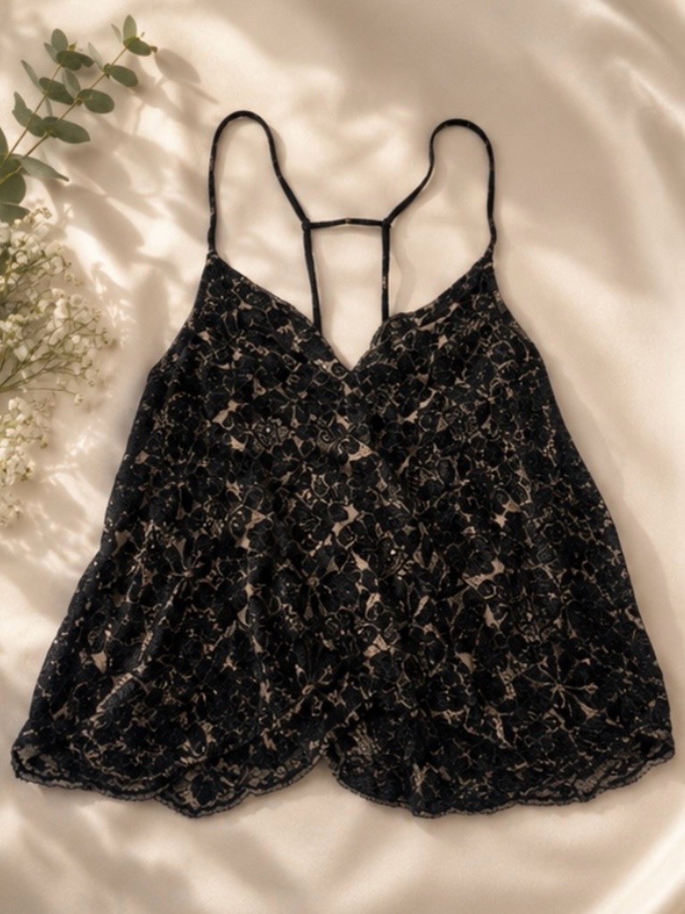 Free People Black Lace Strappy Tank with T-Back